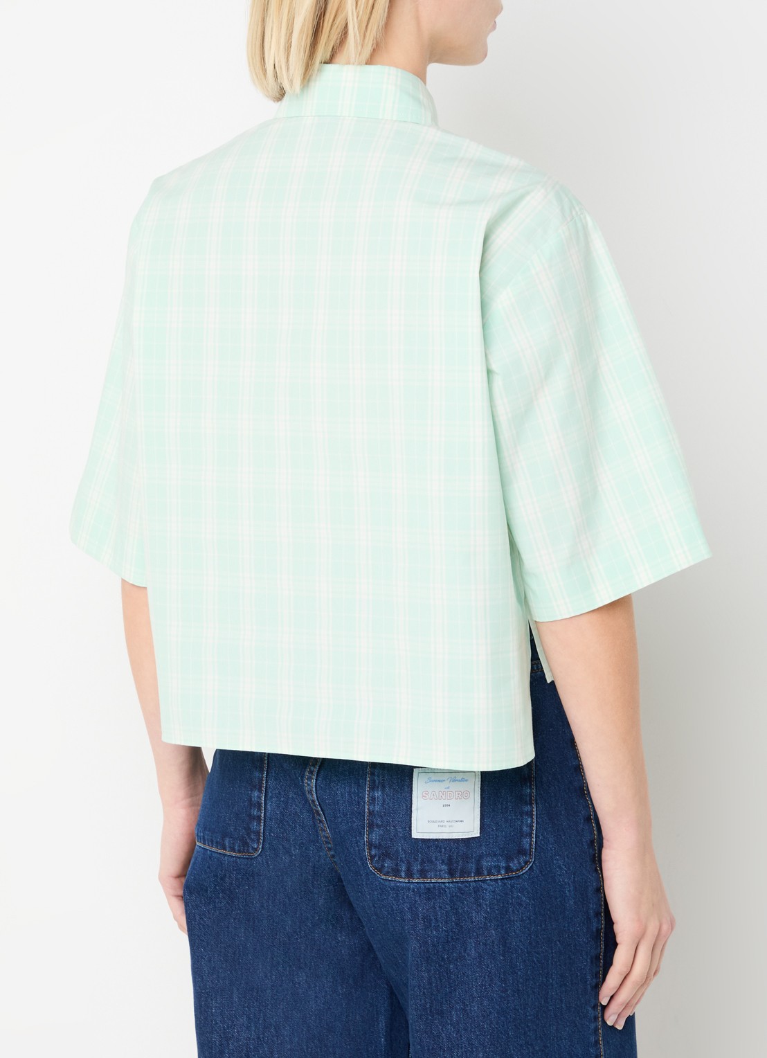Sandro Cropped blouse met ruitdessin en klepzakken - achterkant 3 lichtgroen