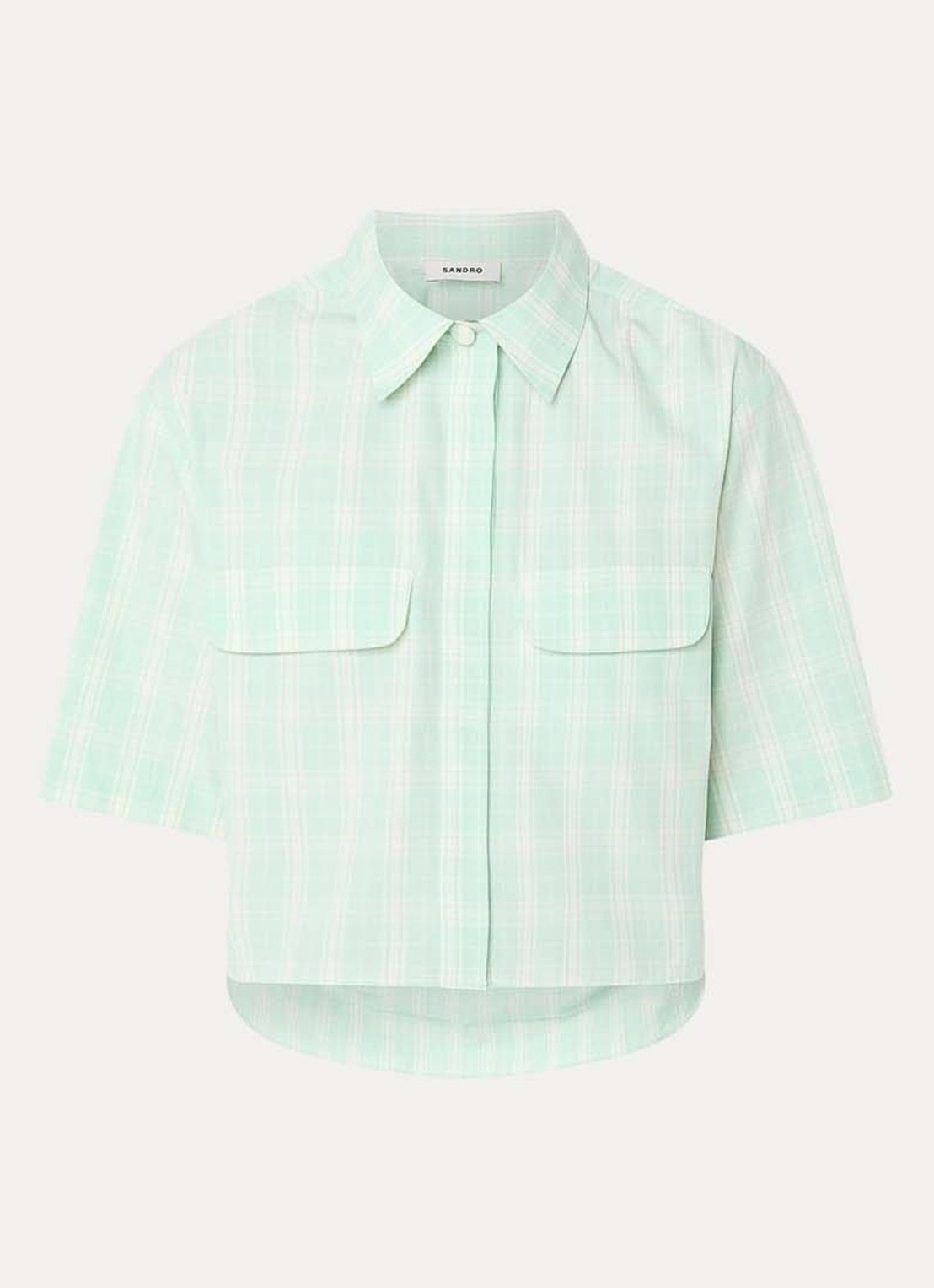 Sandro Cropped blouse met ruitdessin en klepzakken - voorkant lichtgroen