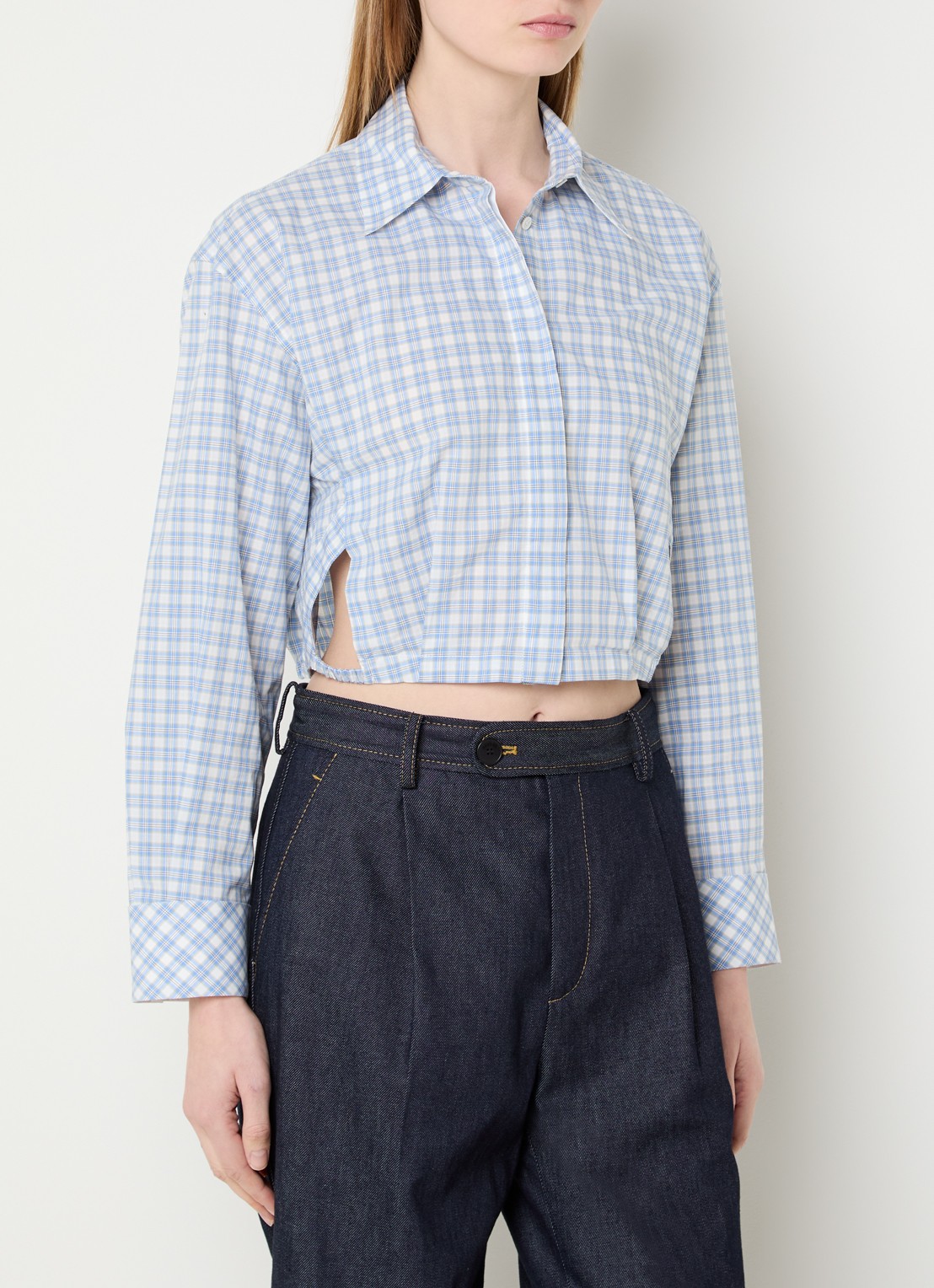 Sandro Cropped blouse met ruitdessin - detail 4 lichtblauw
