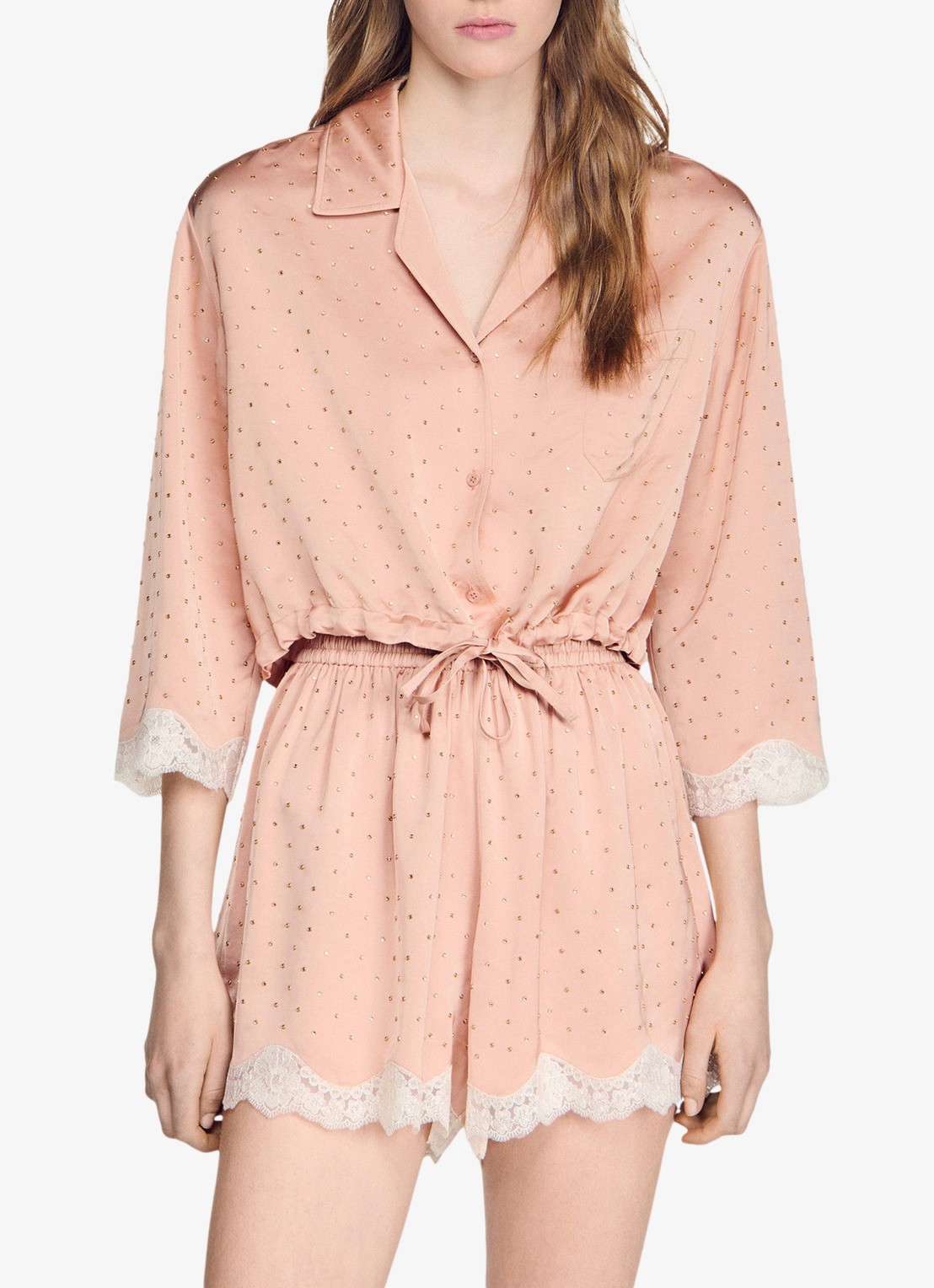 Sandro Cropped blouse met strass en details van kant - detail 2 nude / wit