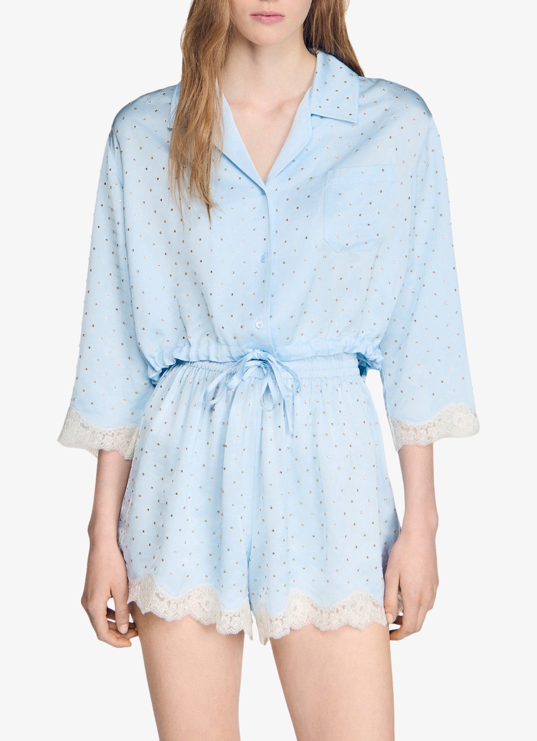 Sandro Cropped blouse met strass en details van kant - detail sky blue / lichtblauw