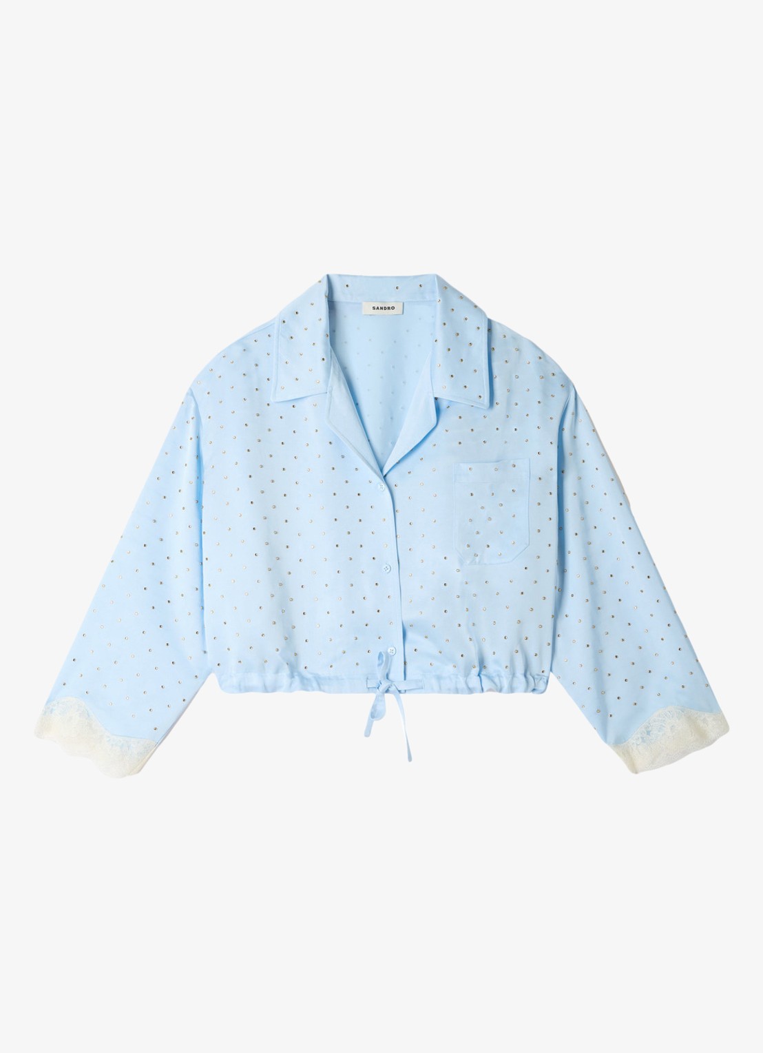 Sandro Cropped blouse met strass en details van kant - voorkant 5 sky blue / lichtblauw