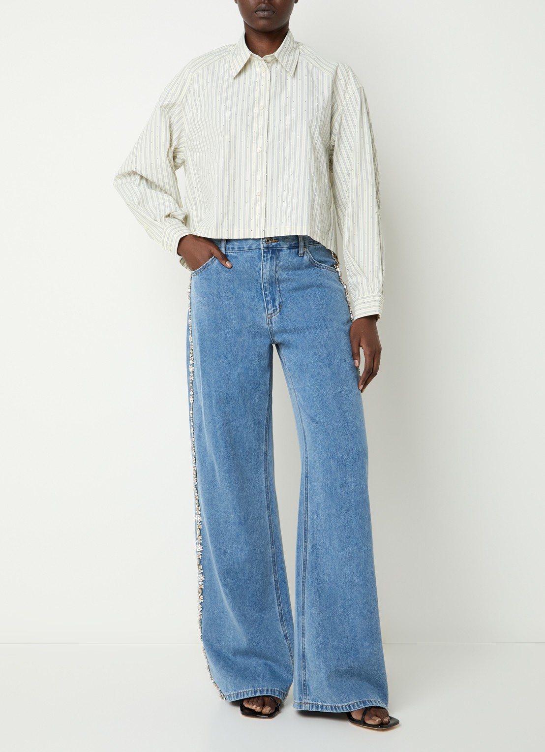 Sandro Cropped blouse met streepprint en strass - voorkant 2 creme