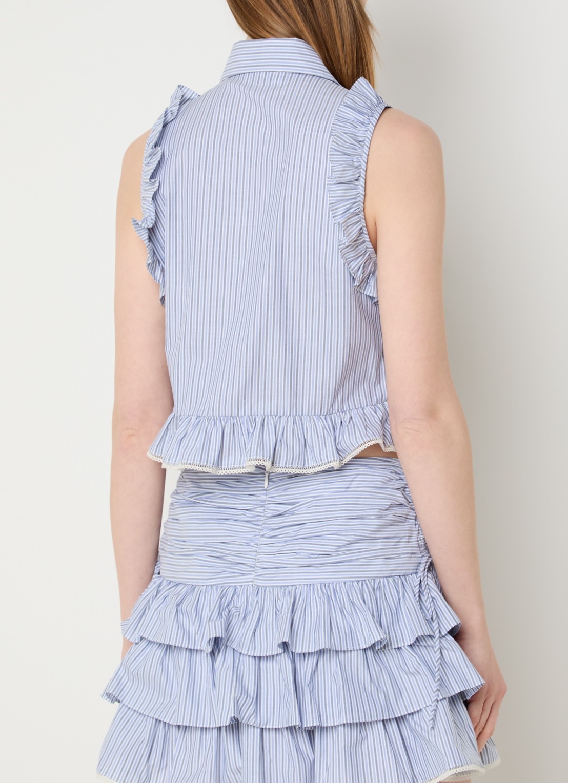 Sandro Cropped blouse met streepprint en volant - achterkant 2 blauw