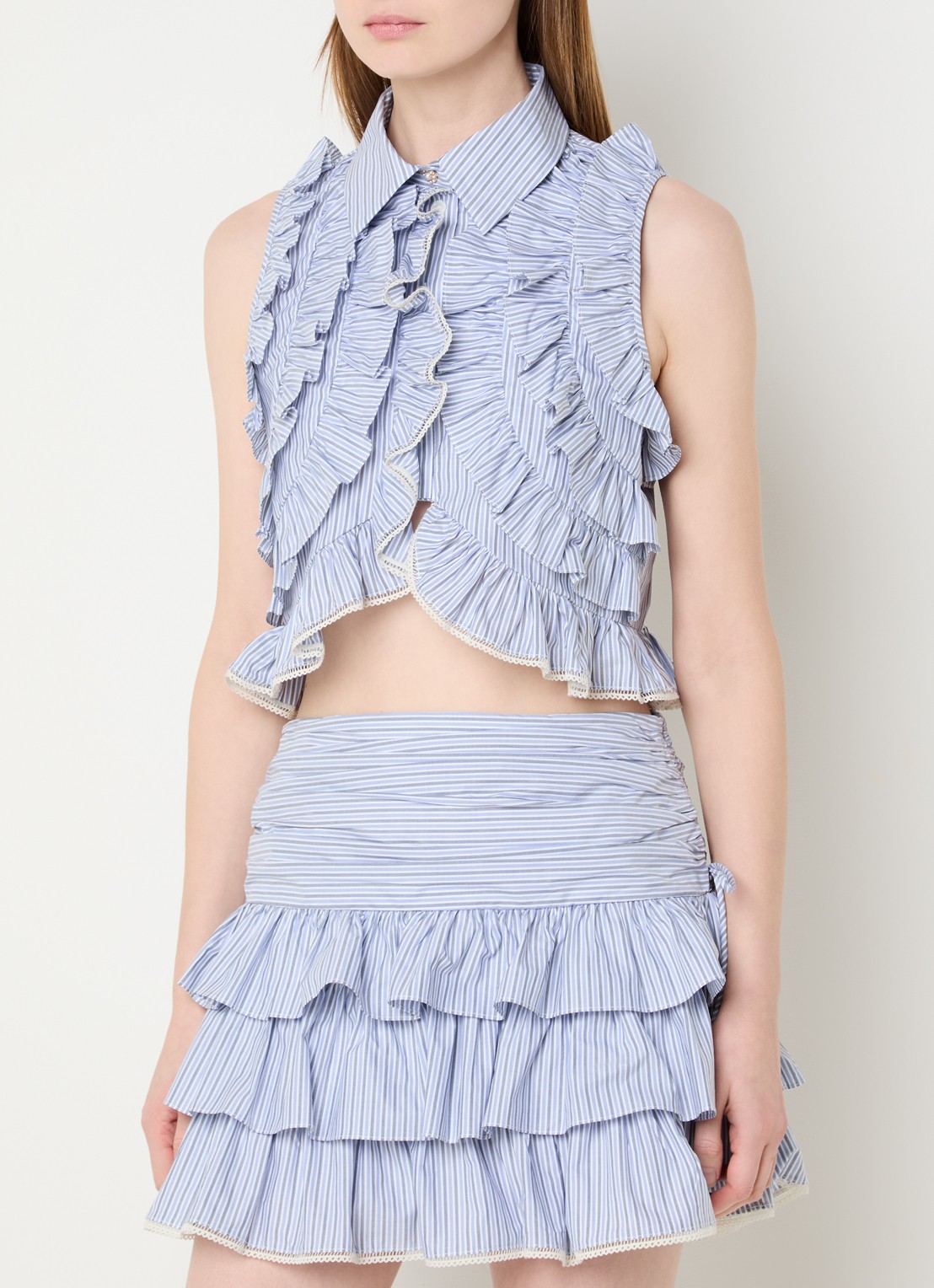 Sandro Cropped blouse met streepprint en volant - detail blauw
