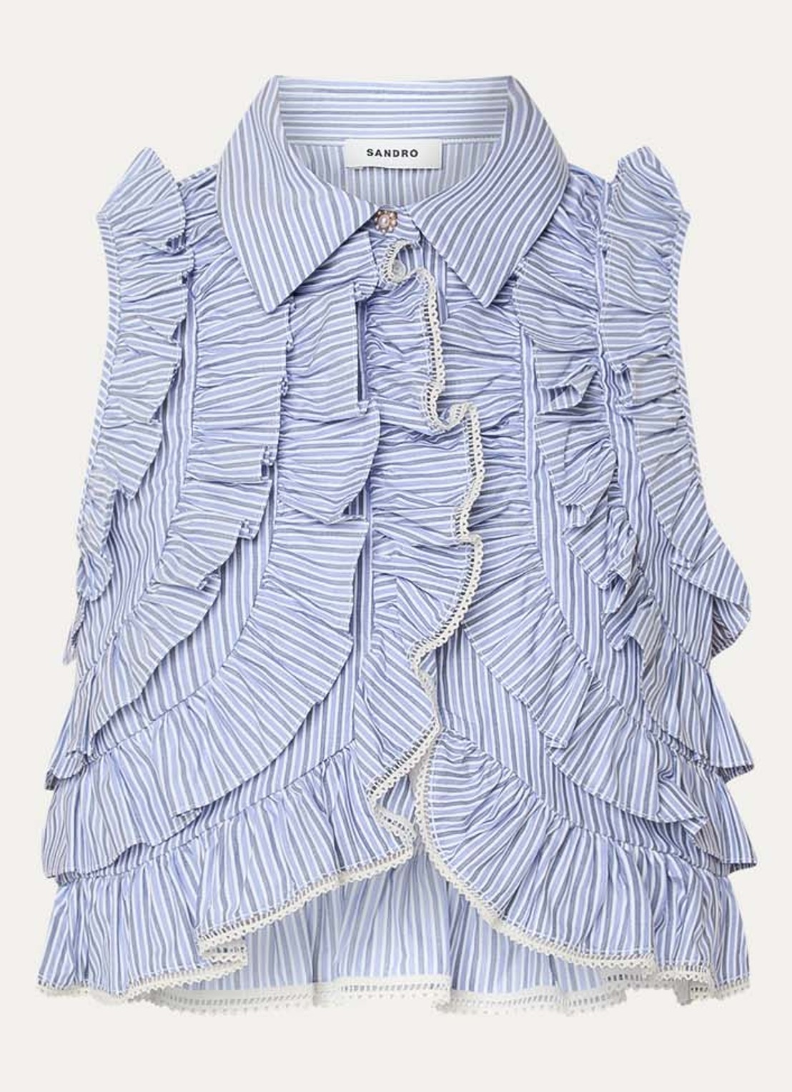 Sandro Cropped blouse met streepprint en volant - voorkant 3 blauw