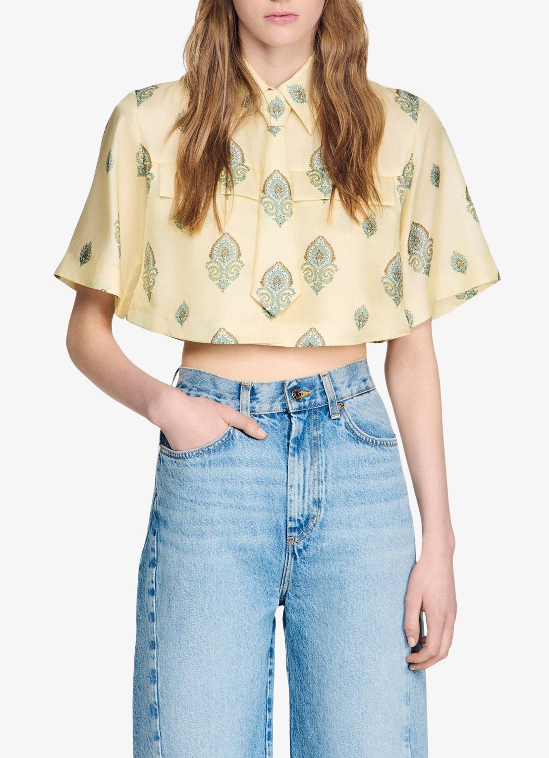 Sandro Cropped blouse met stropdas en paisley dessin - detail 3 lichtgeel