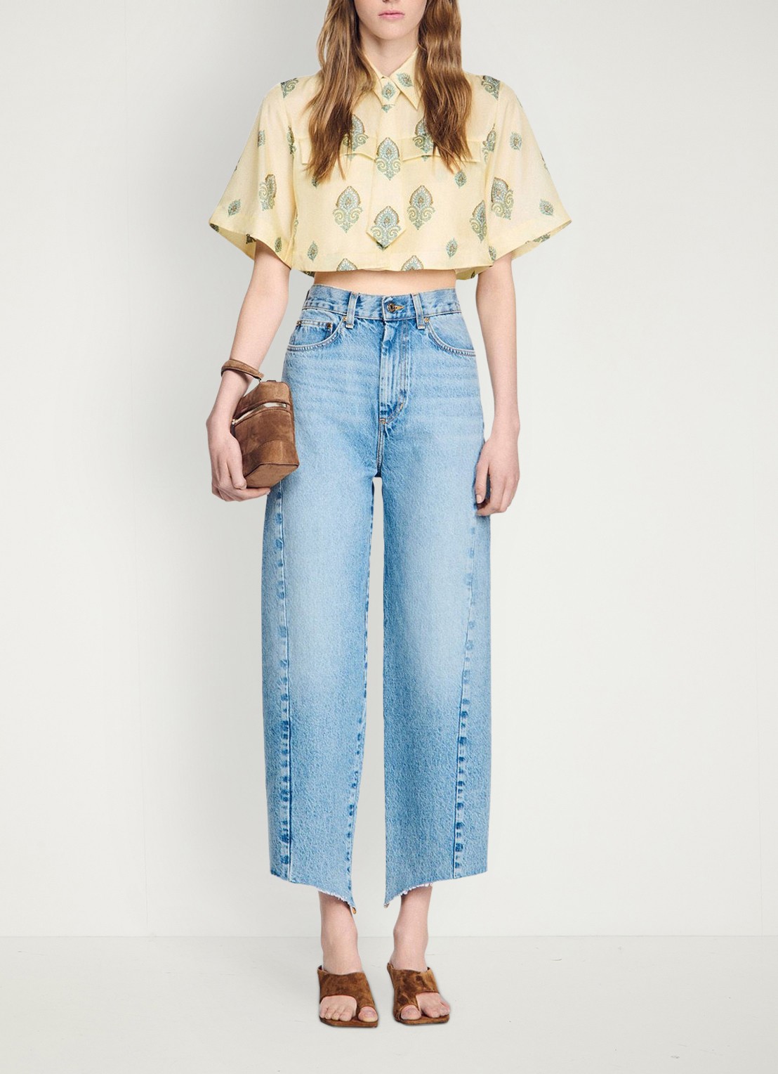 Sandro Cropped blouse met stropdas en paisley dessin - voorkant 2 lichtgeel