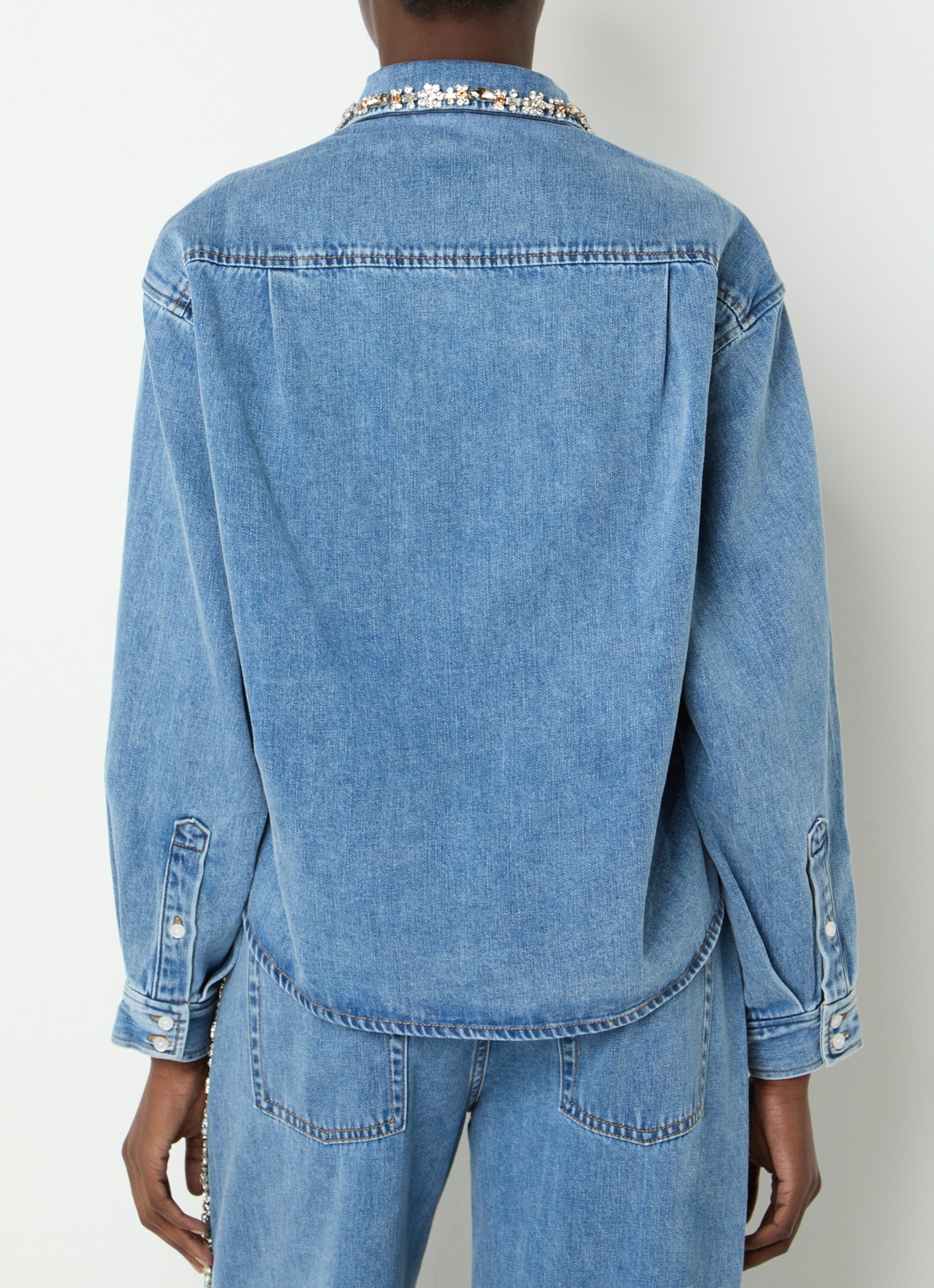 Sandro Cropped blouse van denim met strass - achterkant 3 donkerblauw