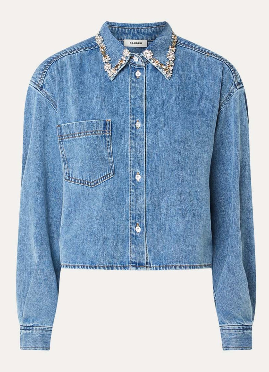 Sandro Cropped blouse van denim met strass - voorkant donkerblauw