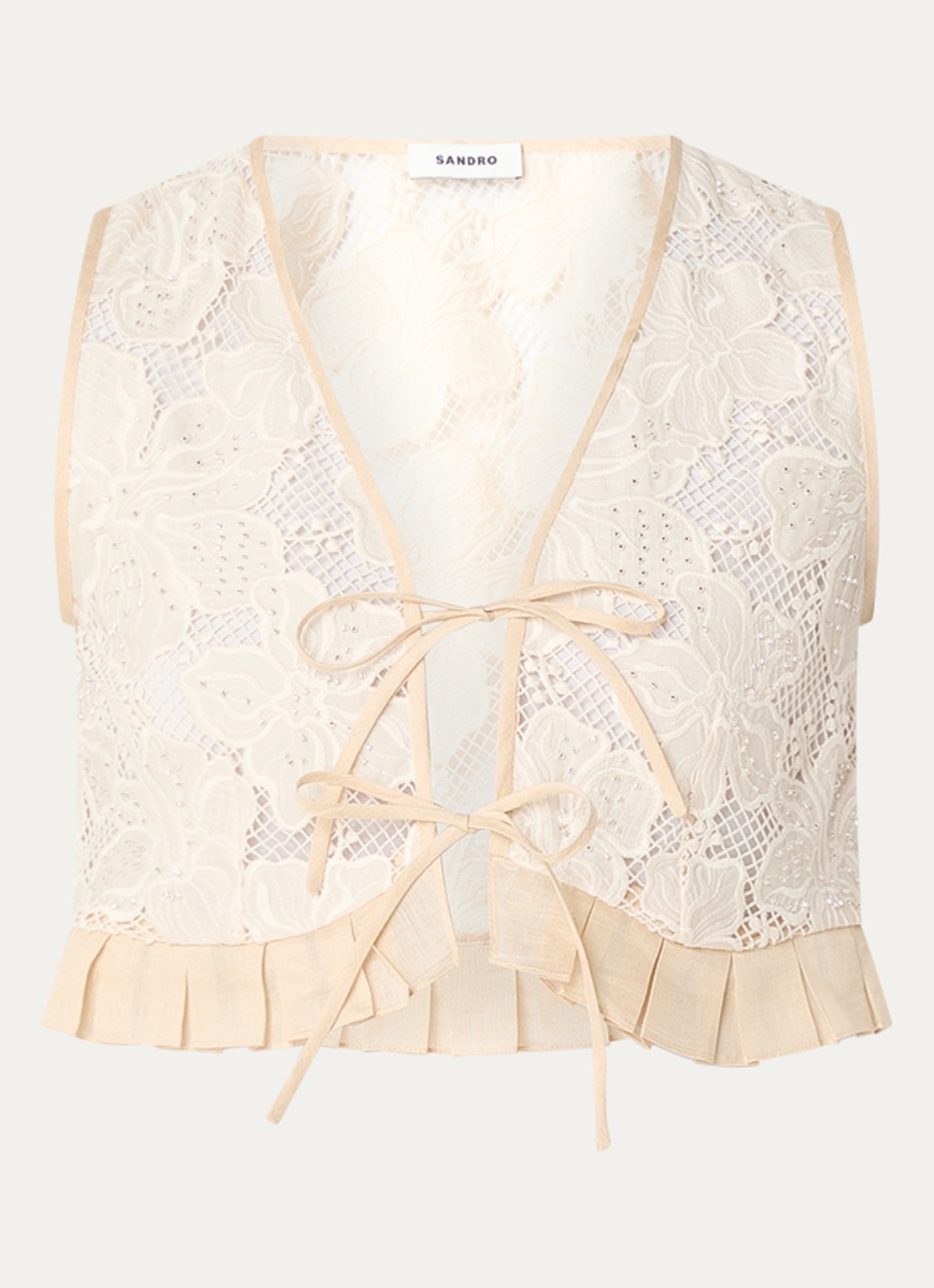 Sandro Cropped gilet van broderie met strass - voorkant 2 beige
