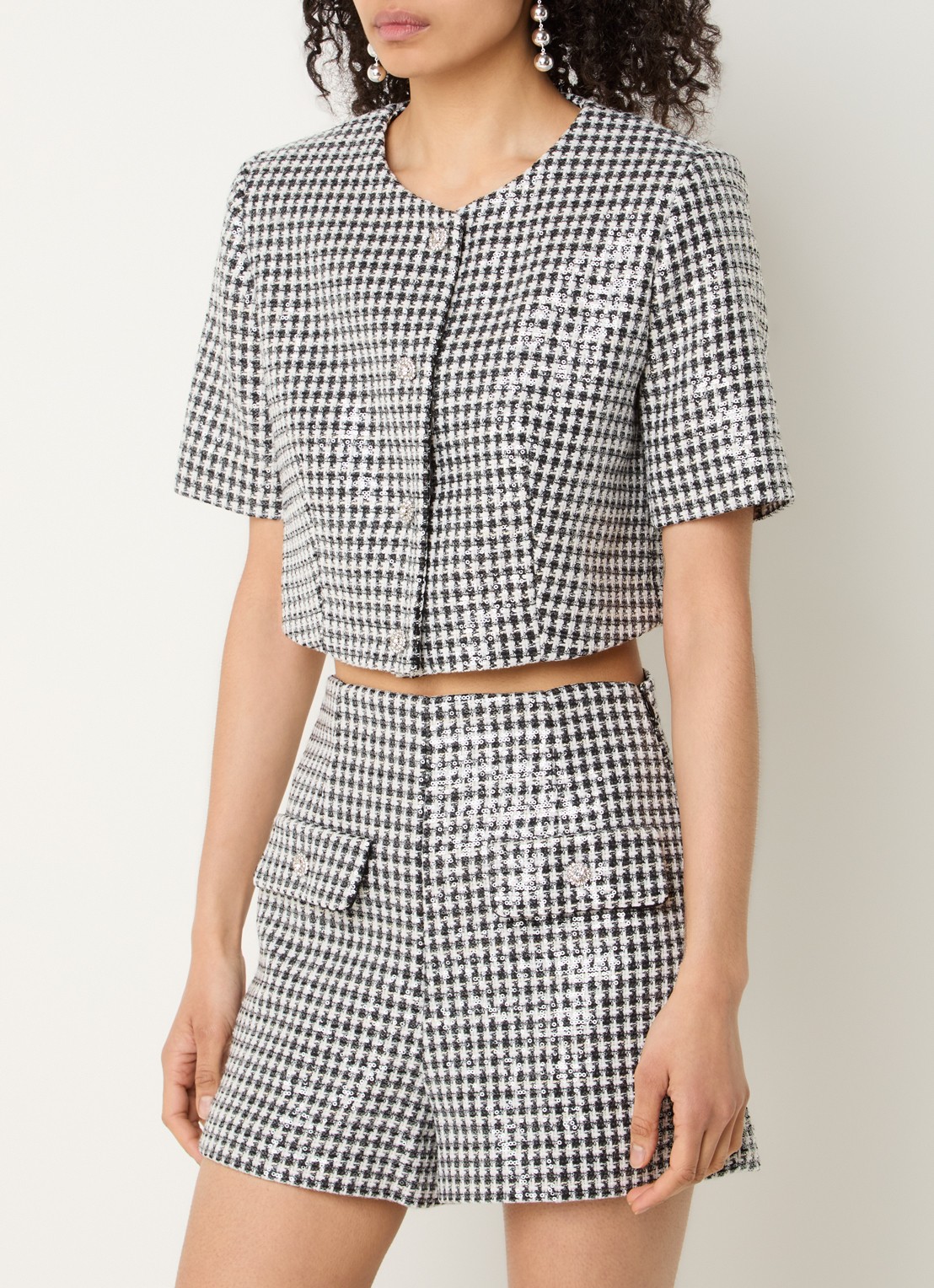 Sandro Cropped jack met pied-de-poule dessin en pailletten - detail 4 zwart