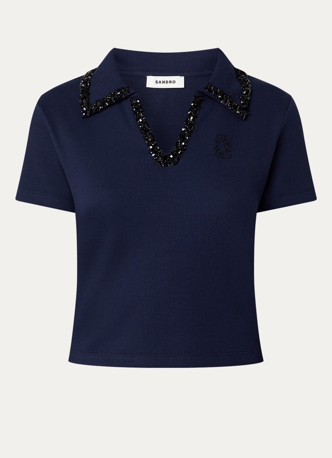 Sandro Cropped polo met strass en logo - voorkant donkerblauw