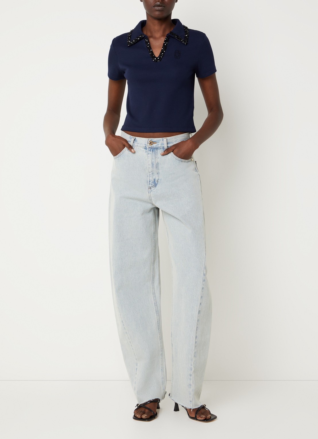 Sandro Cropped polo met strass en logo - voorkant 2 donkerblauw