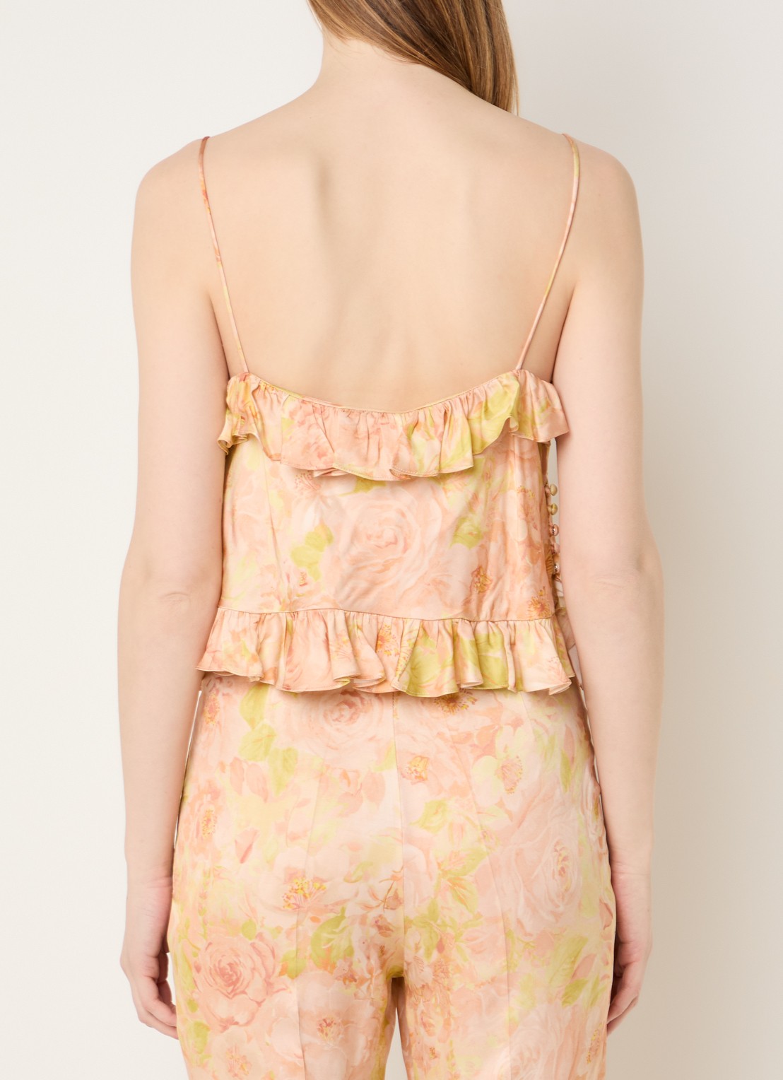 Sandro Cropped spaghettitop met bloemenprint en ruches - achterkant 3 zalmroze