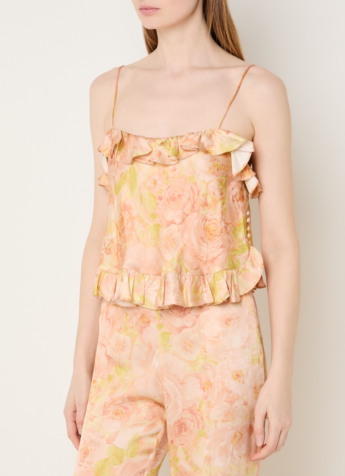 Sandro Cropped spaghettitop met bloemenprint en ruches - detail 4 zalmroze