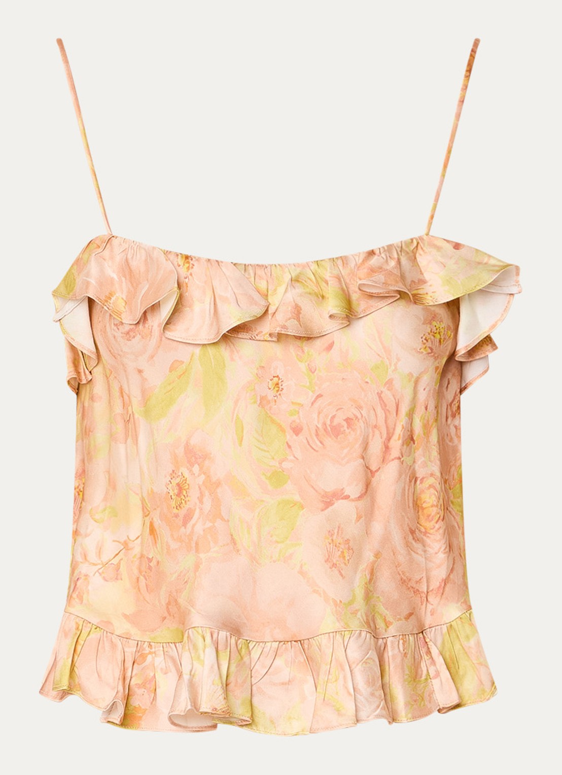 Sandro Cropped spaghettitop met bloemenprint en ruches - voorkant zalmroze