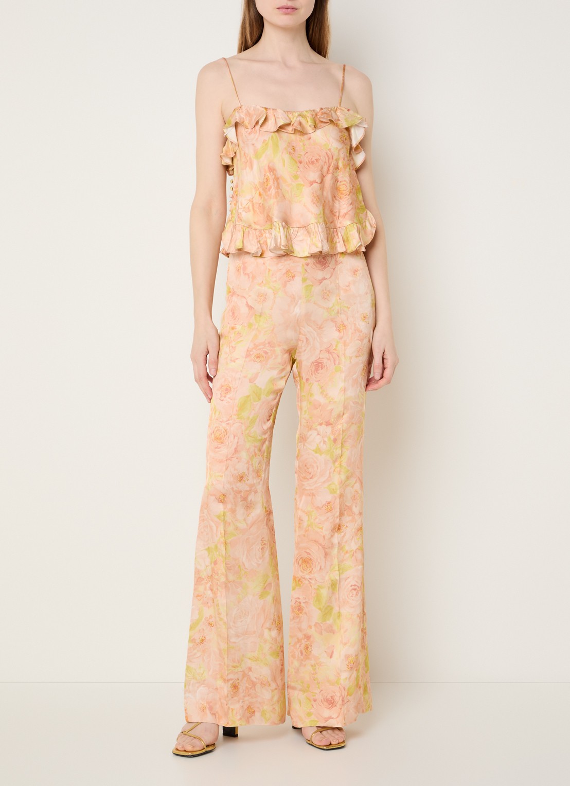 Sandro Cropped spaghettitop met bloemenprint en ruches - voorkant 2 zalmroze