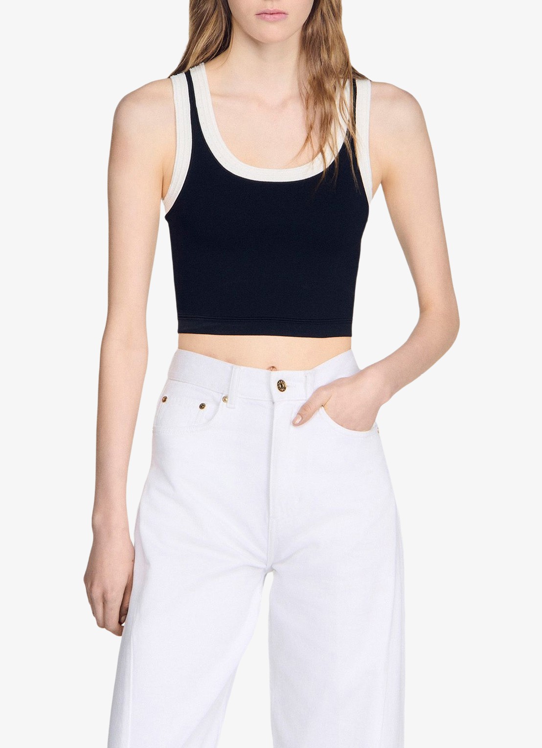Sandro Cropped tanktop met contrasterende kleuren - detail zwart