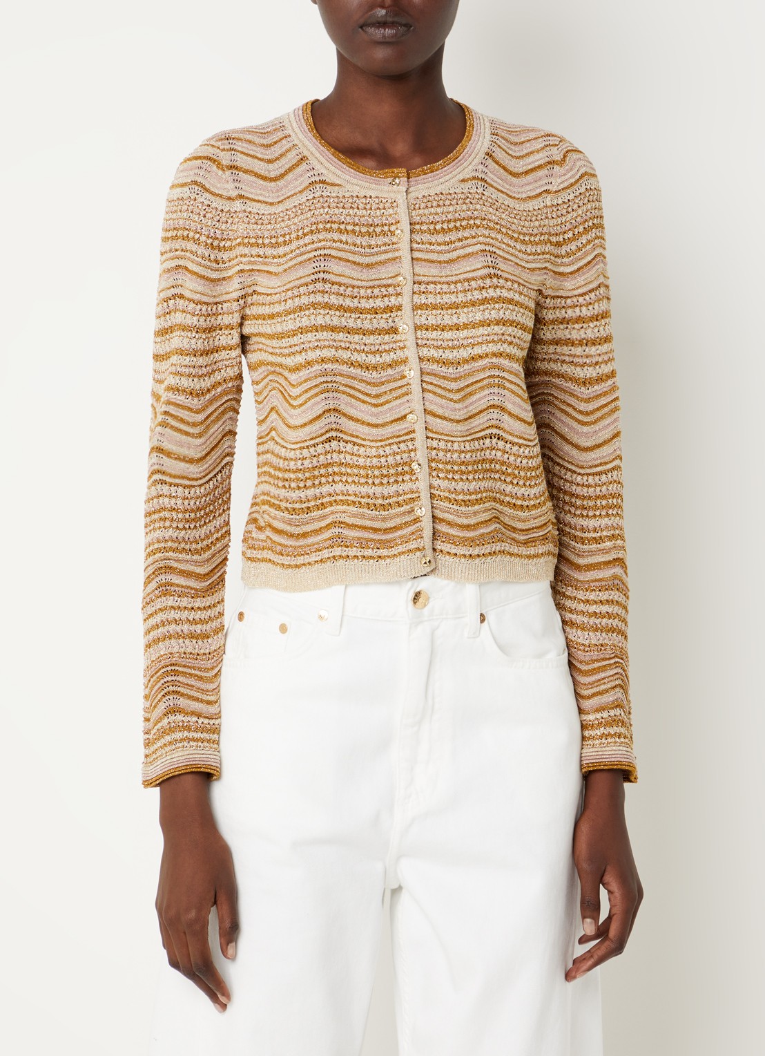 Sandro Cropped vest met opengewerkt dessin en lurex - detail 4 oranjebruin