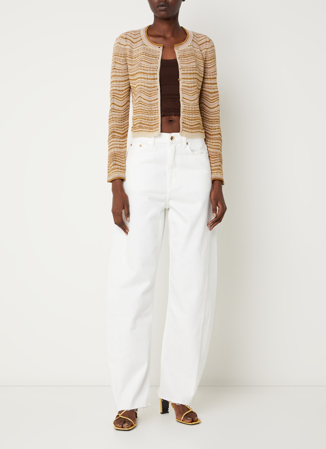 Sandro Cropped vest met opengewerkt dessin en lurex - voorkant 2 oranjebruin