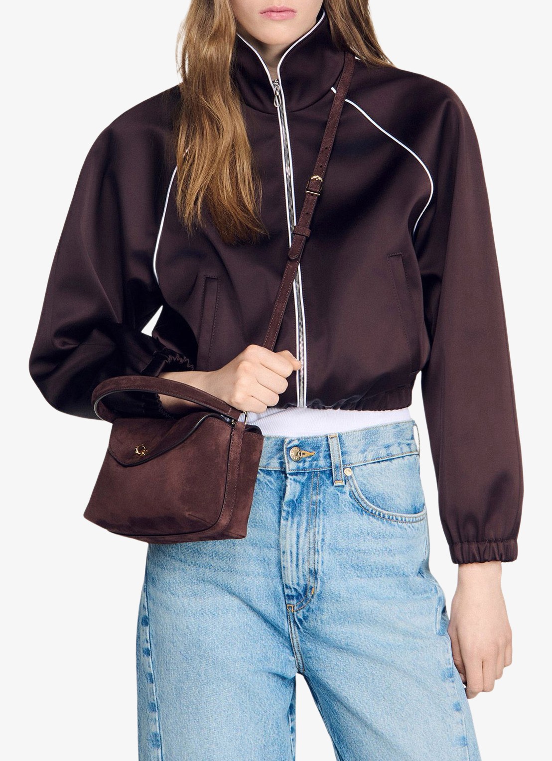 Sandro crossbodytas van suède - voorkant 4 brown / bruin