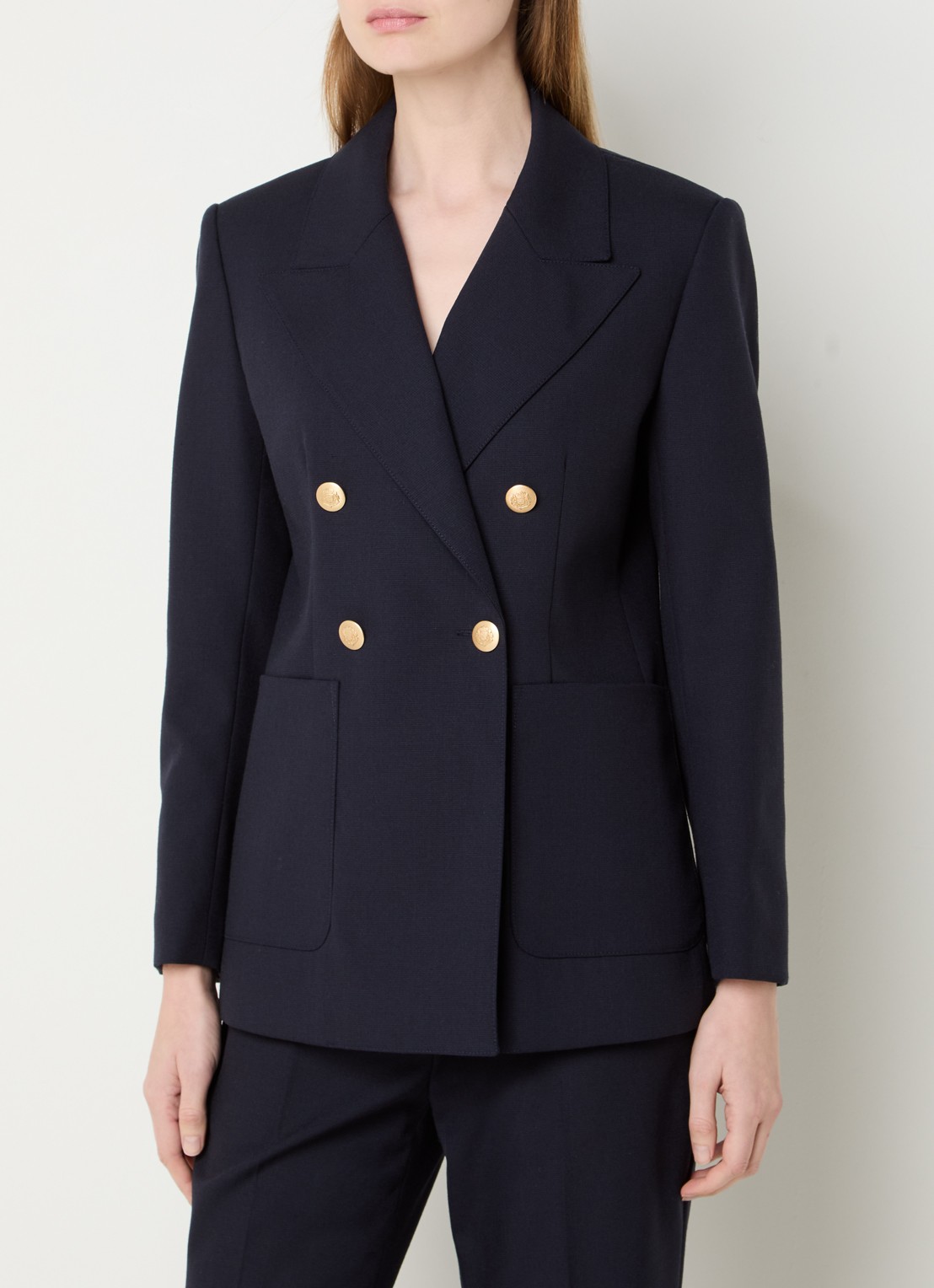 Sandro Double-breasted blazer van scheerwol met opgestikte zakken - detail donkerblauw