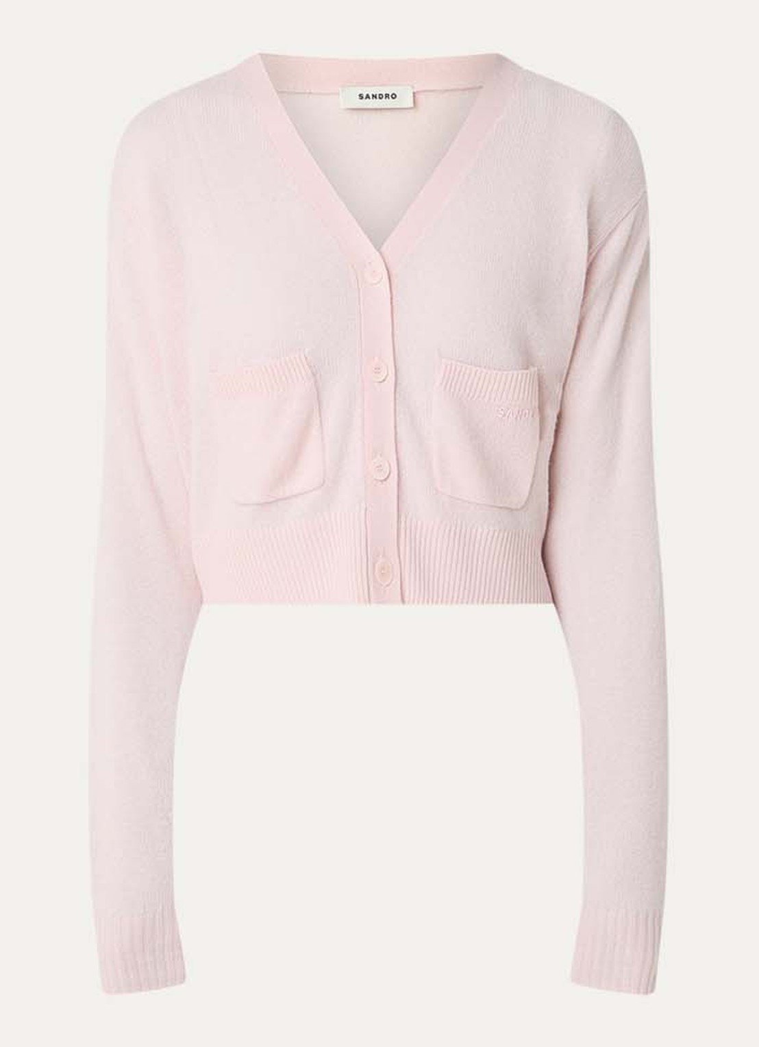 Sandro Fijngebreid cropped vest in kasjmierblend met opgestikte zakken - voorkant 2 lichtroze