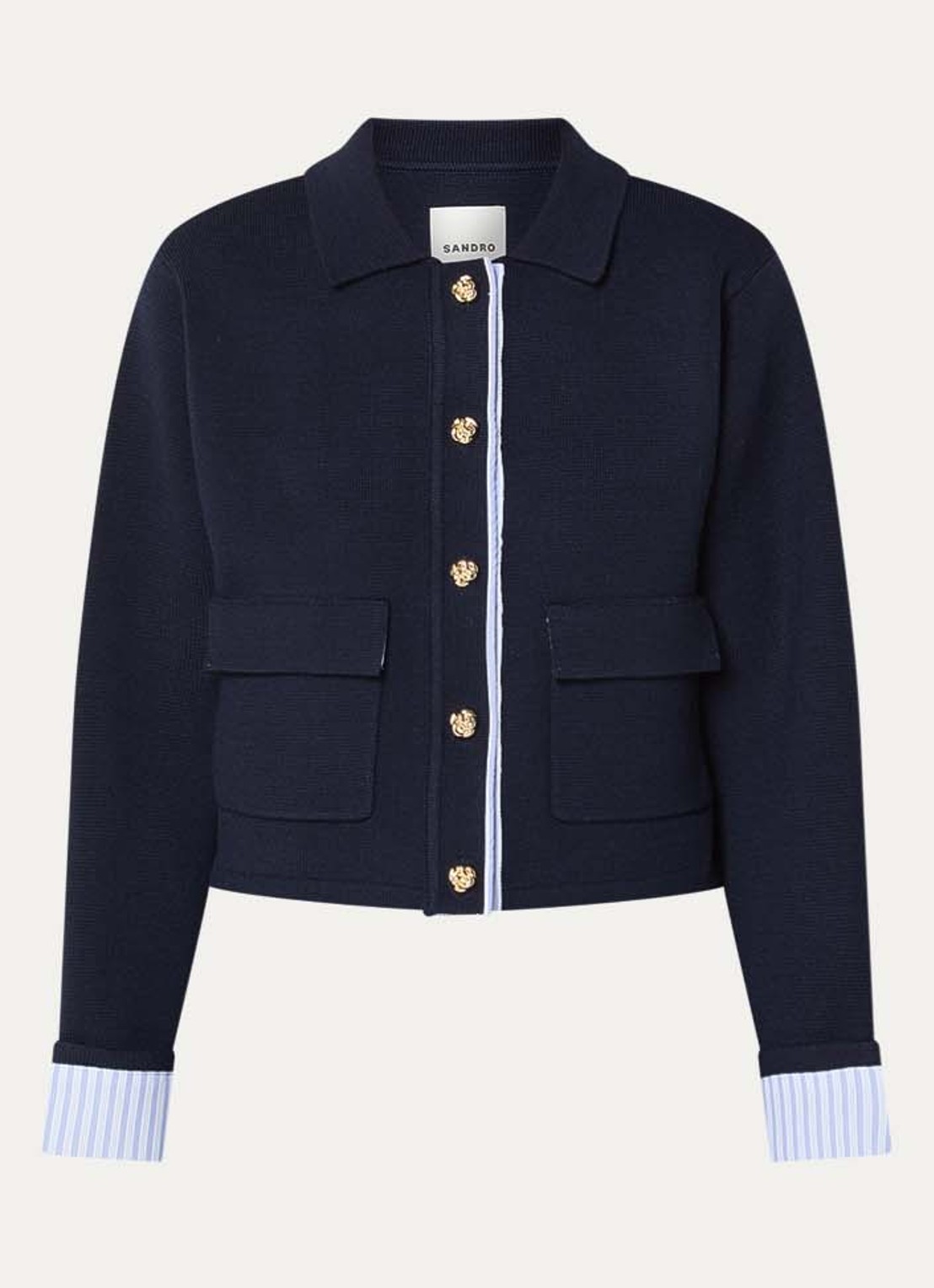 Sandro Fijngebreid cropped vest in wolblend met klepzakken - voorkant donkerblauw