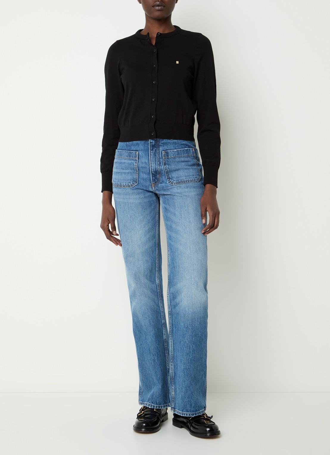 Sandro Fijngebreid cropped vest met logo - voorkant 3 zwart