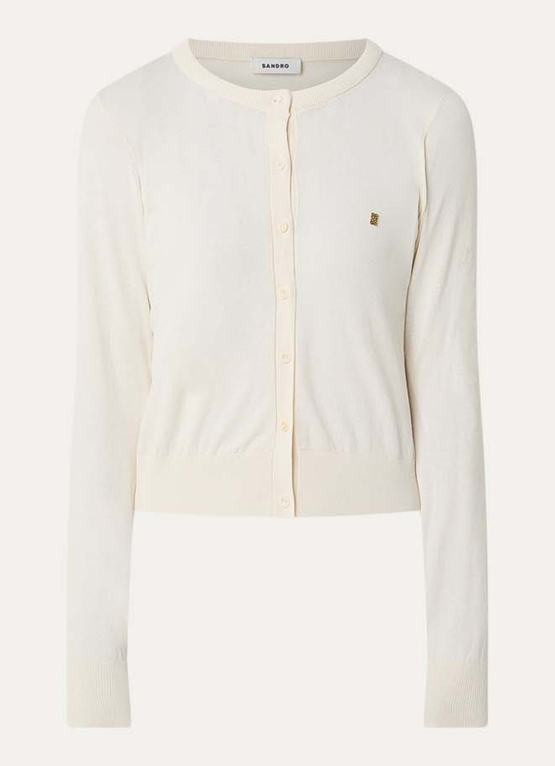 Sandro Fijngebreid cropped vest met logo - voorkant beige