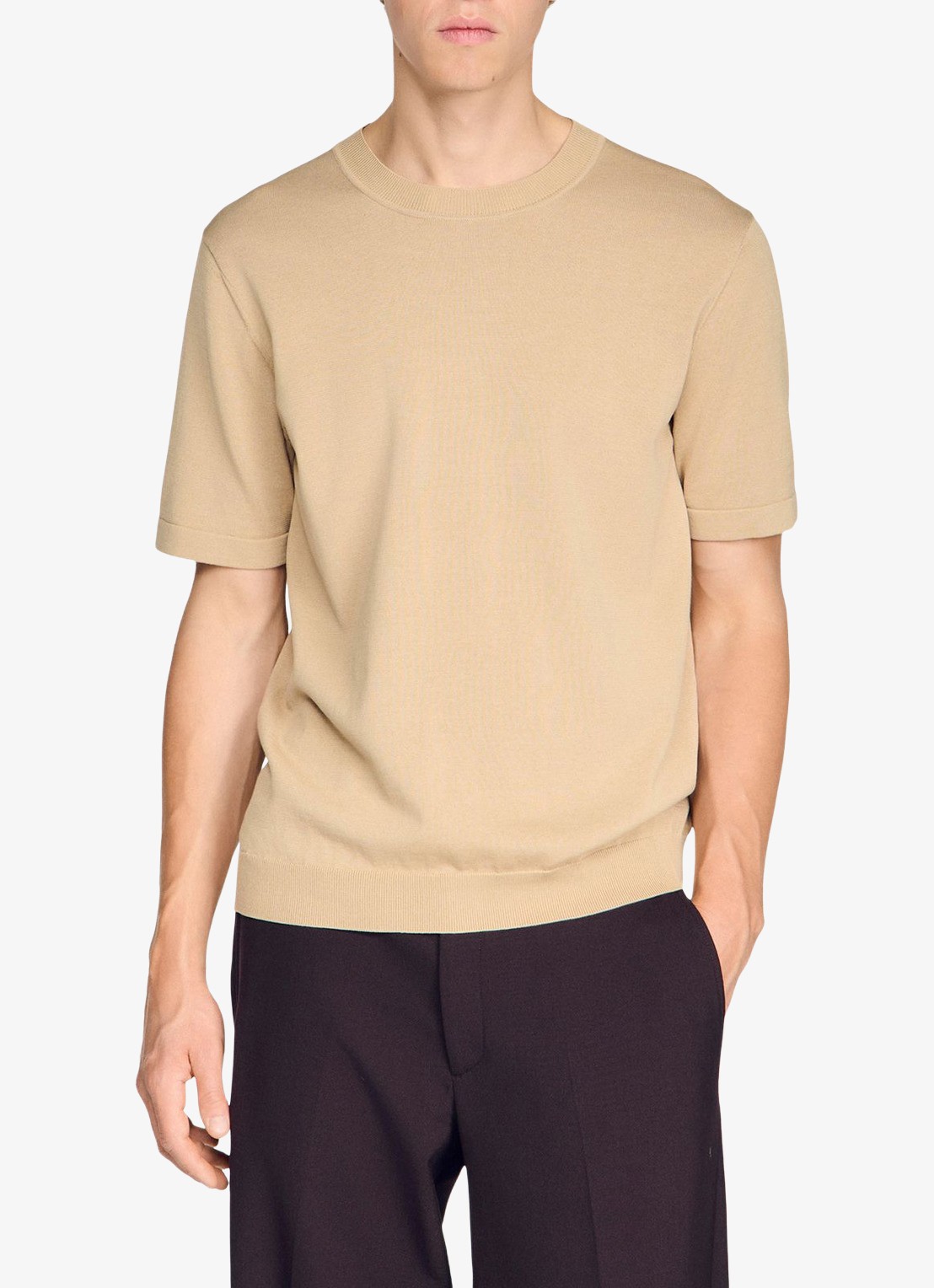 Sandro Fijngebreid T-shirt in zijdeblend - detail beige