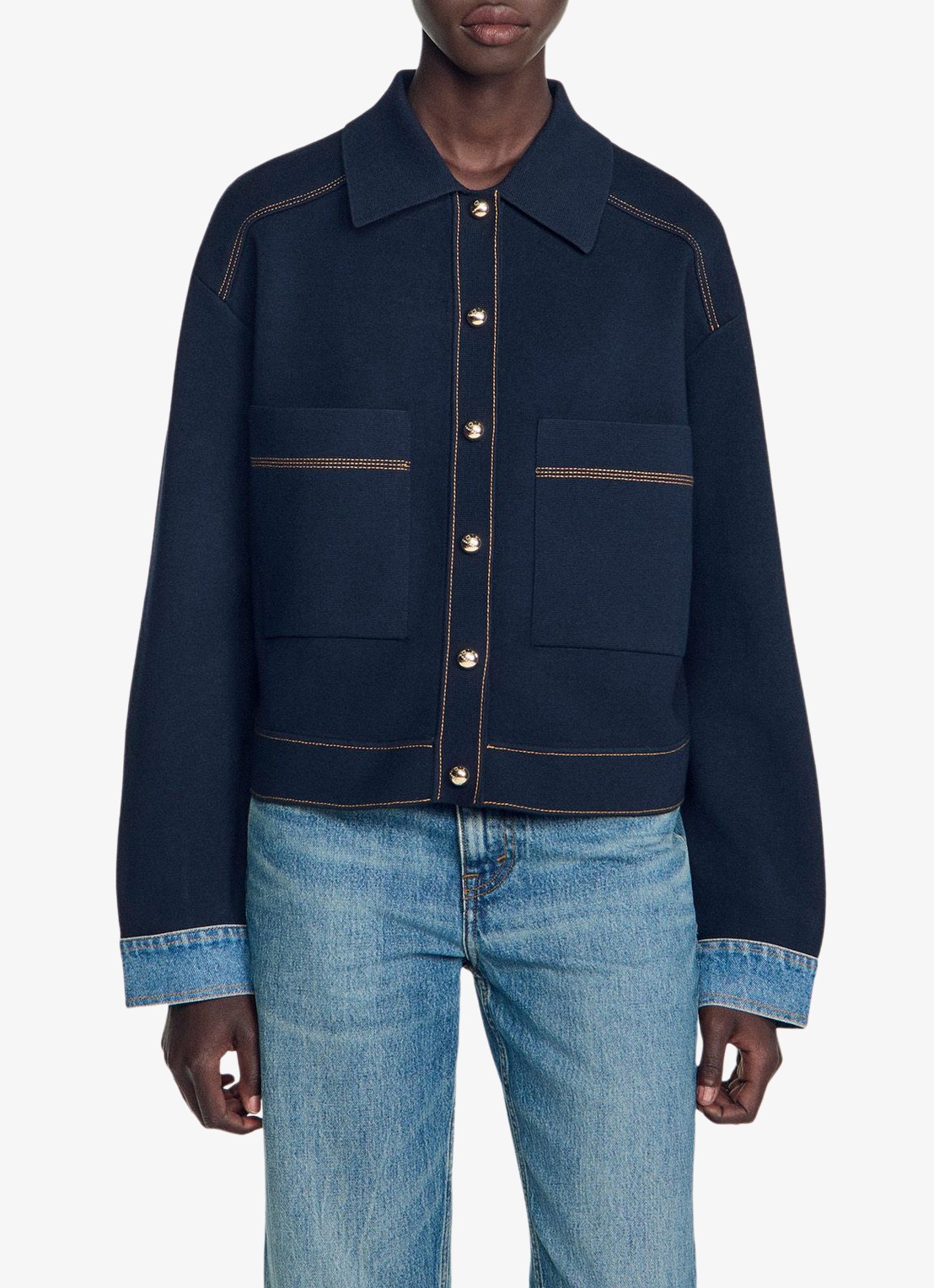Sandro Fijngebreid vest met details van denim - detail 3 donkerblauw