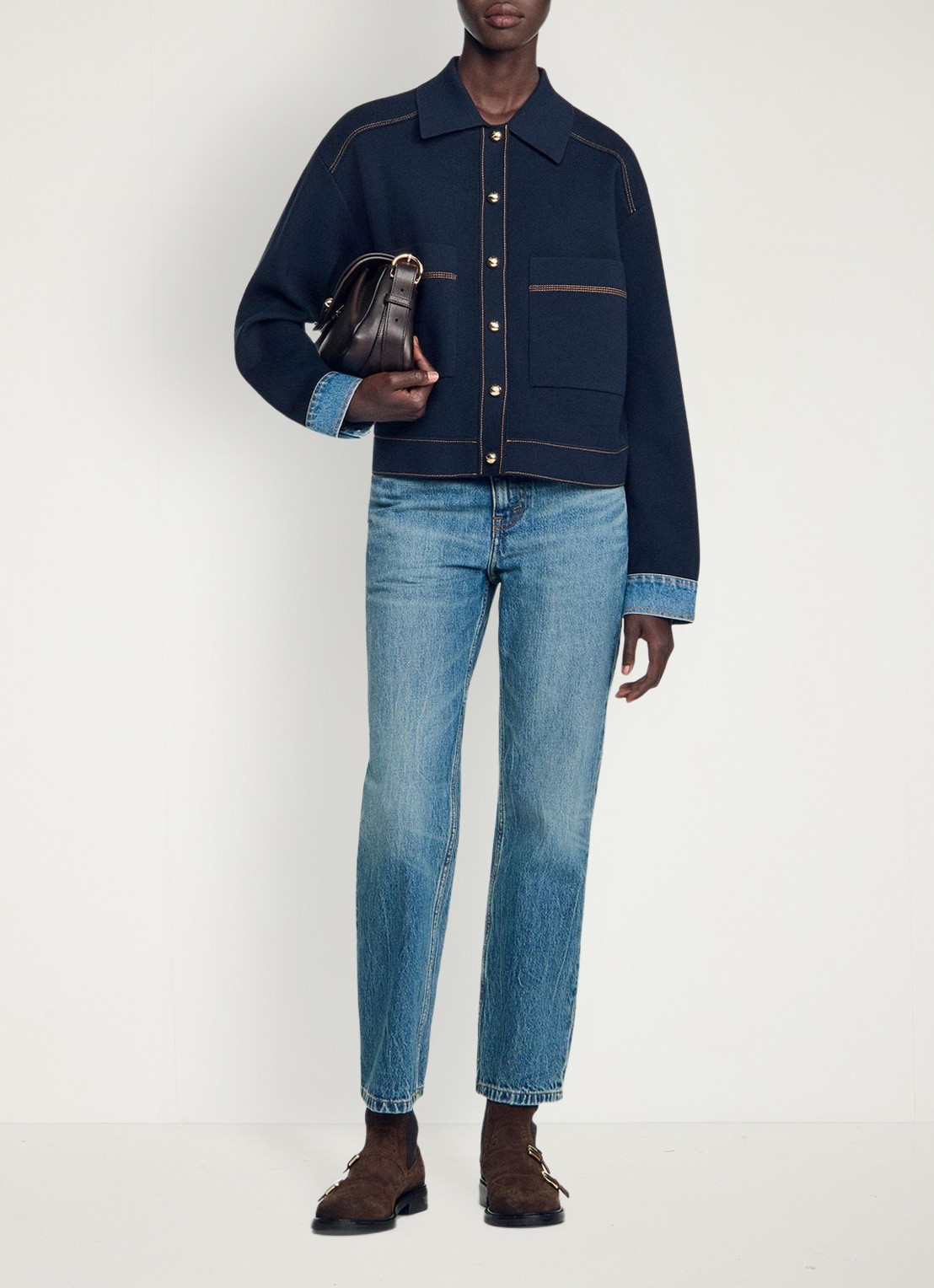 Sandro Fijngebreid vest met details van denim - detail 5 donkerblauw