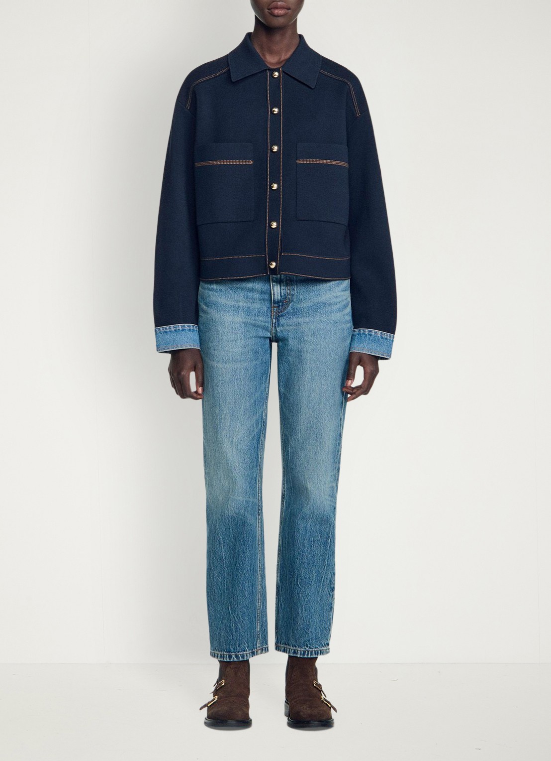 Sandro Fijngebreid vest met details van denim - voorkant 2 donkerblauw