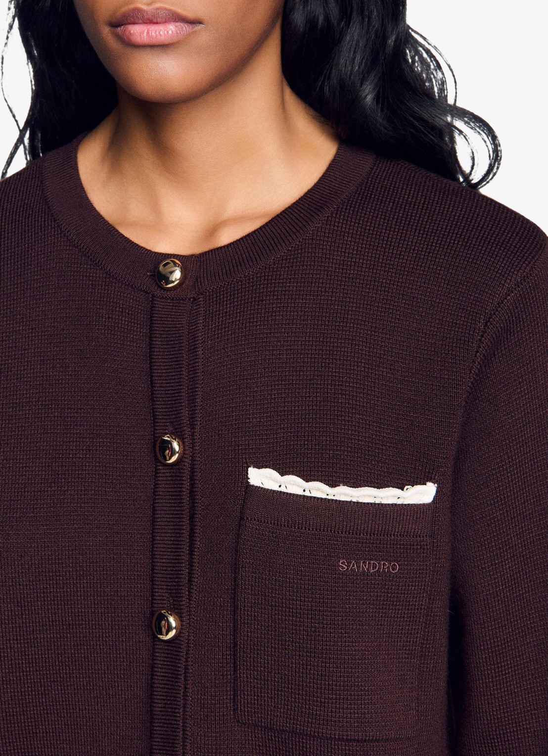 Sandro Fijngebreid vest met opengewerkt detail - detail 3 bruin