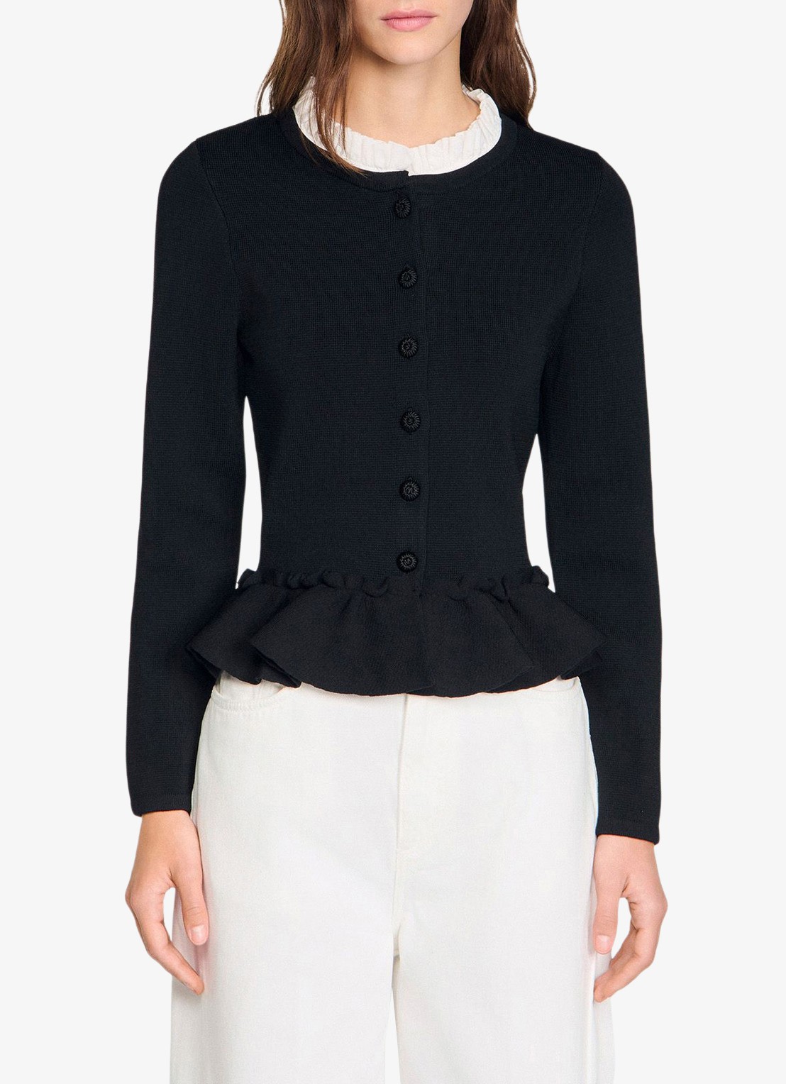 Sandro Fijngebreid vest met peplum en geborduurde knopen - detail 3 zwart