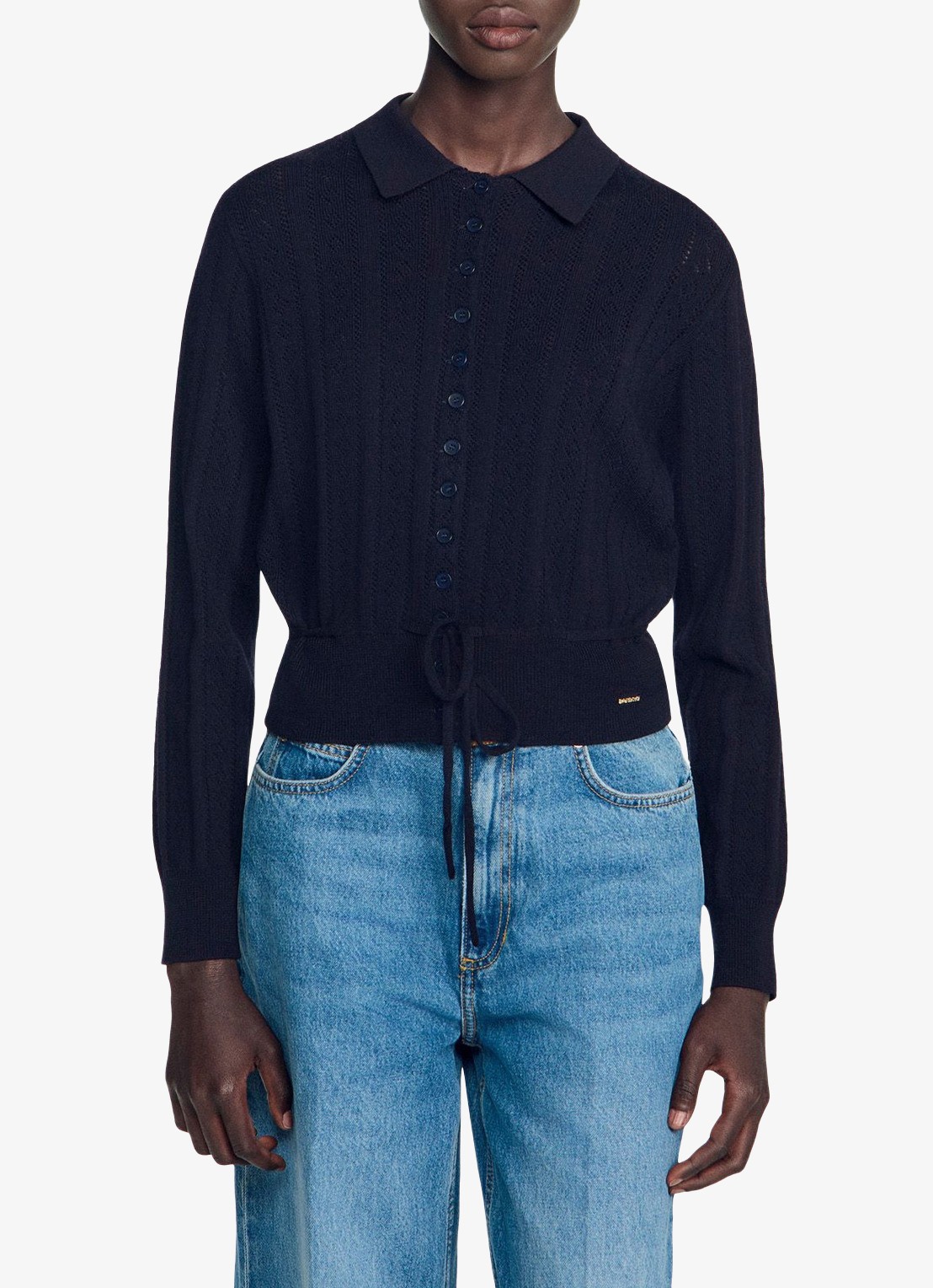 Sandro Fijngebreid vest met strikceintuur - detail 3 donkerblauw