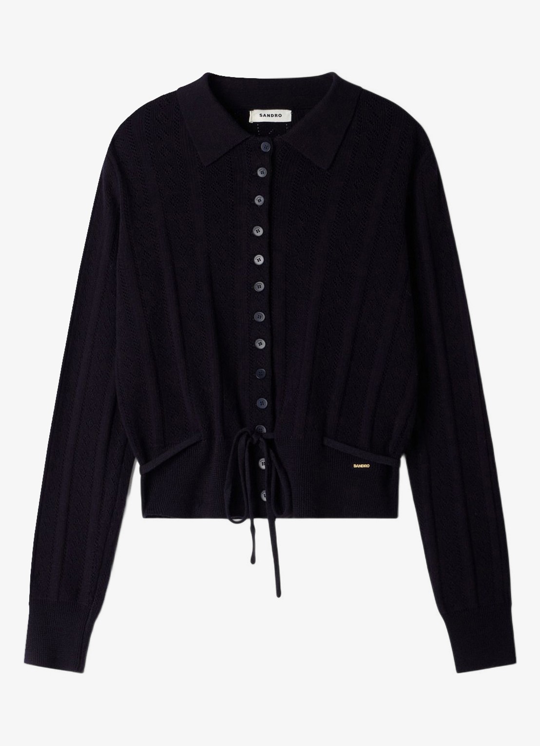 Sandro Fijngebreid vest met strikceintuur - voorkant donkerblauw