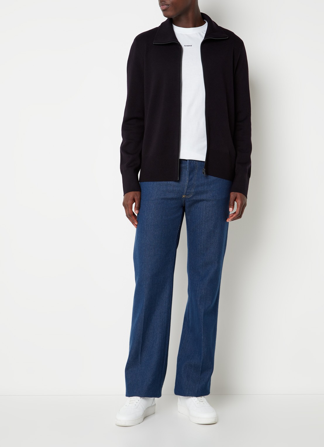 Sandro Fijngebreid vest van wol met opstaande kraag - voorkant 2 navy blue / blauw