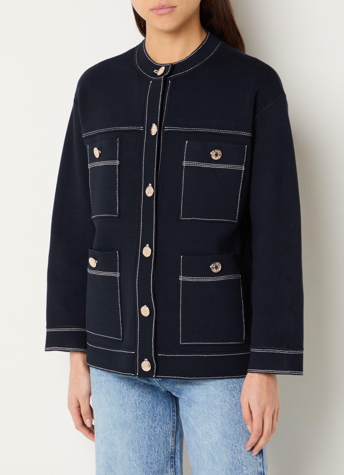 Sandro Fijngebreide blouse met borstzakken - detail 4 donkerblauw