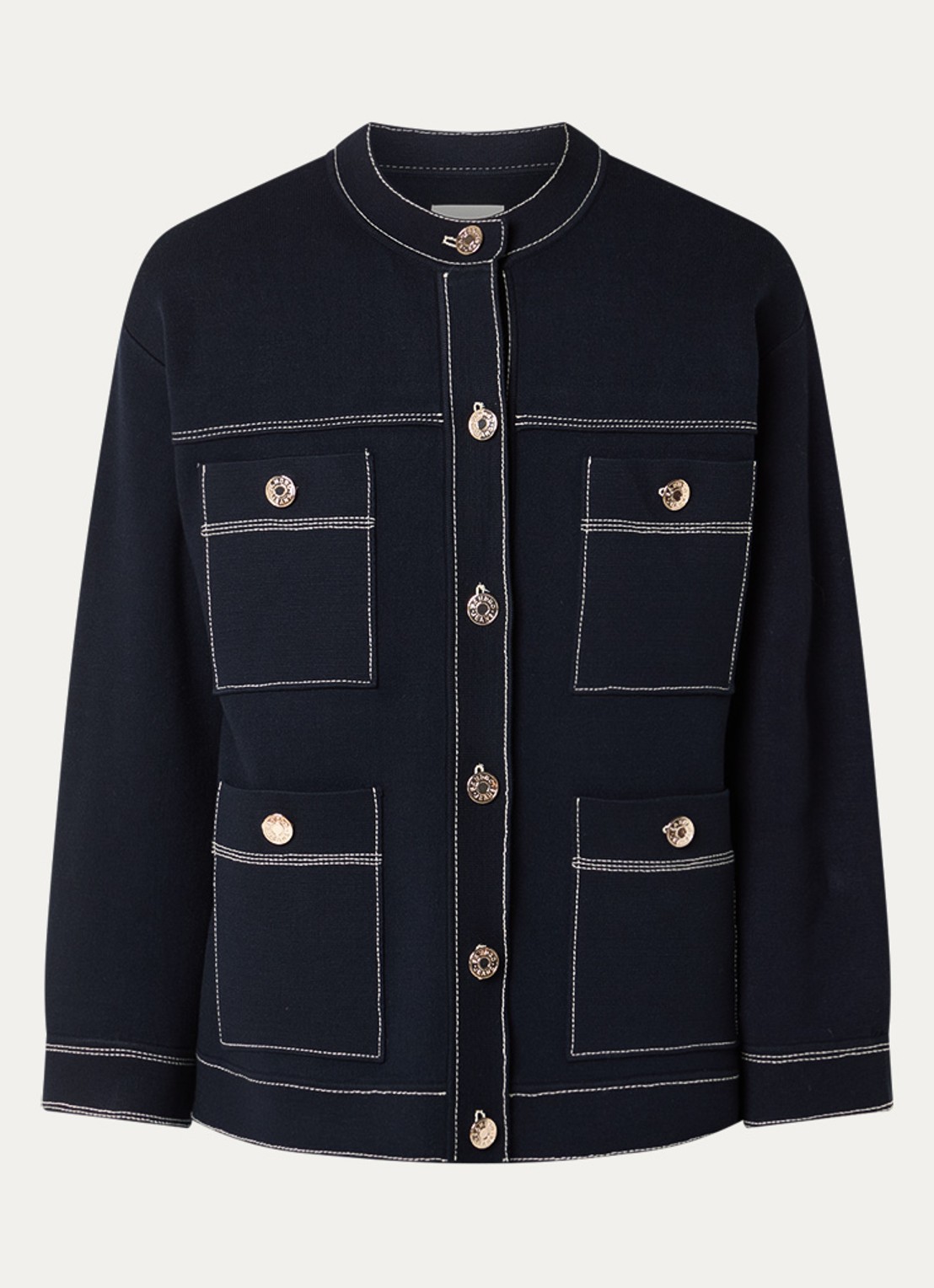 Sandro Fijngebreide blouse met borstzakken - voorkant donkerblauw