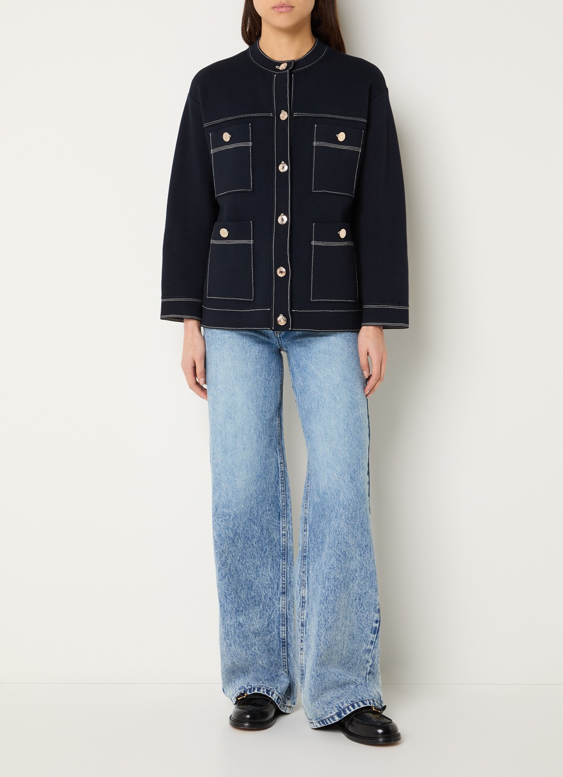 Sandro Fijngebreide blouse met borstzakken - voorkant 2 donkerblauw