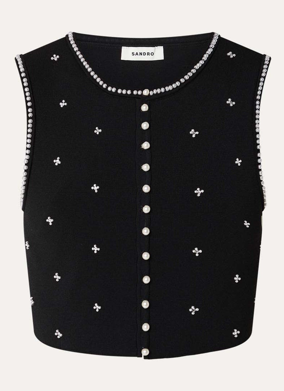 Sandro Fijngebreide crop top met imitatieparels - voorkant 3 zwart