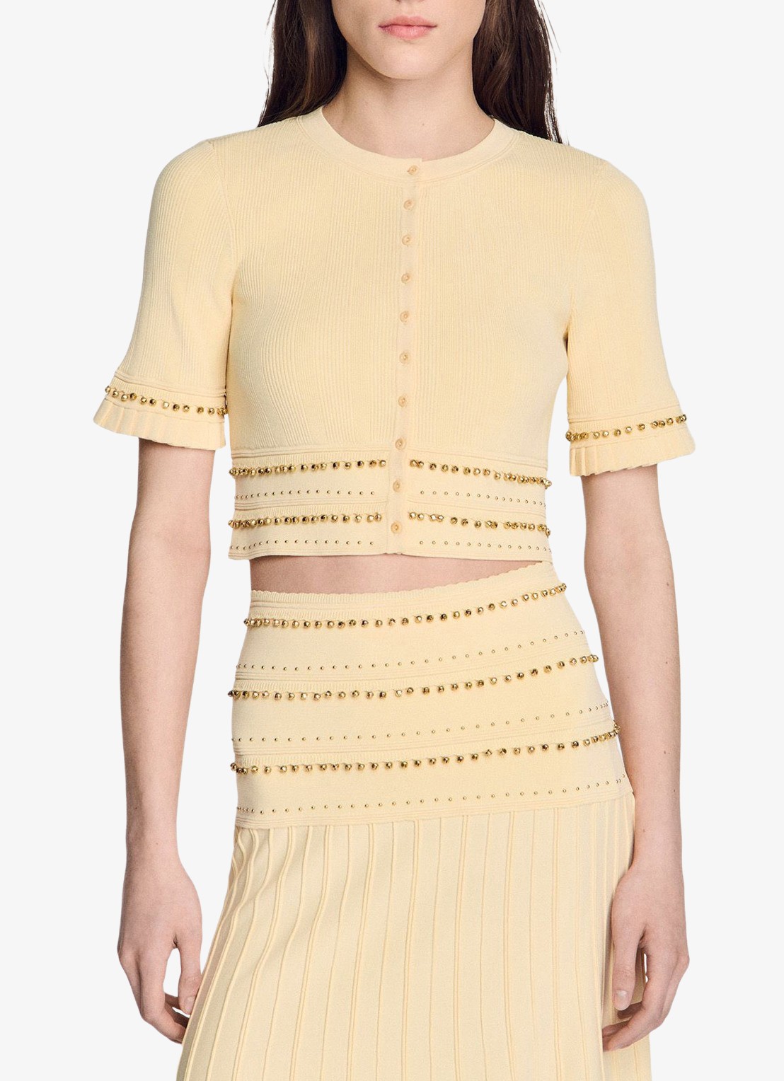 Sandro Fijngebreide crop top met kralendecoratie - detail 3 vanillegeel