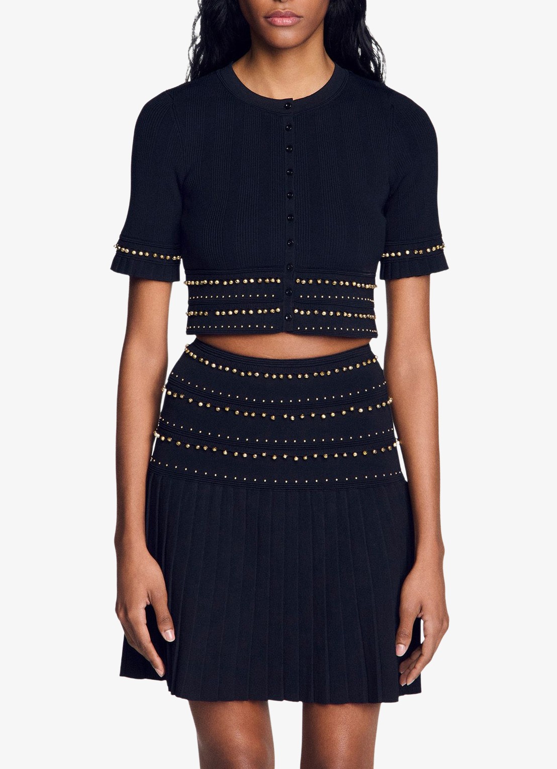 Sandro Fijngebreide crop top met kralendecoratie - detail zwart