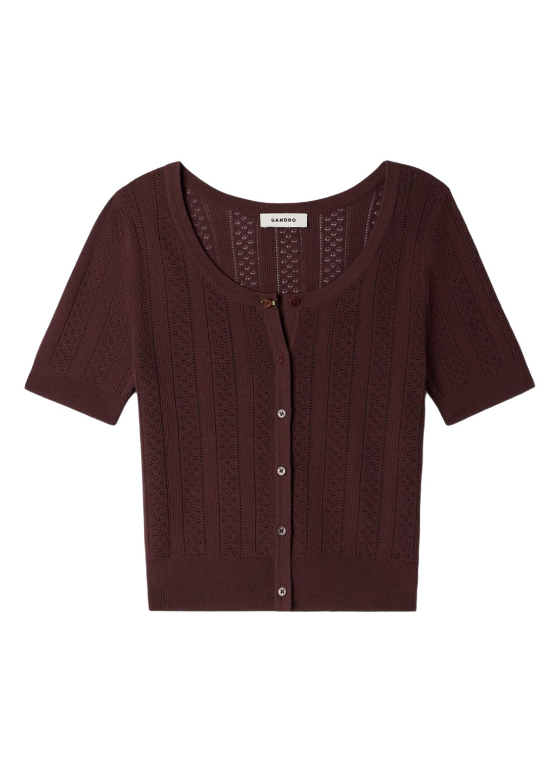 Sandro Fijngebreide crop top met opengewerkt dessin en knoopdetail - voorkant 2 bruin