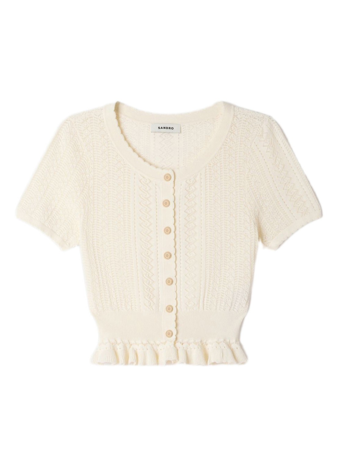 Sandro Fijngebreide crop top met opengewerkt dessin en knoopdetail - voorkant beige
