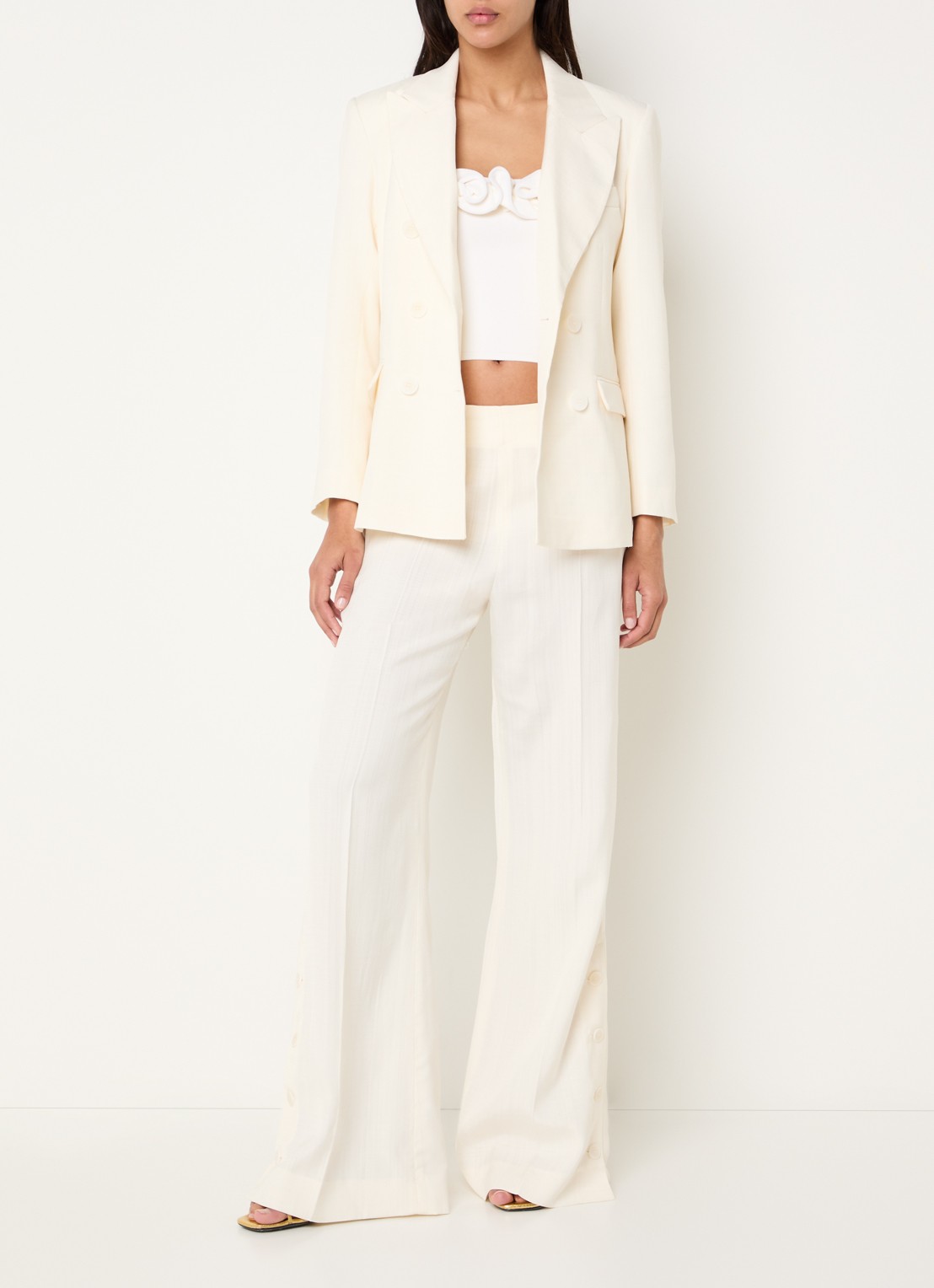 Sandro Fijngebreide crop top met ruches - voorkant 3 gebroken wit