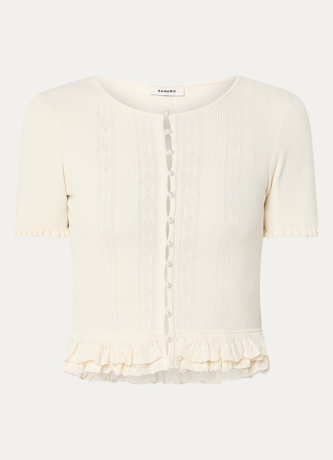 Sandro Fijngebreide crop top met ruches - voorkant 2 gebroken wit